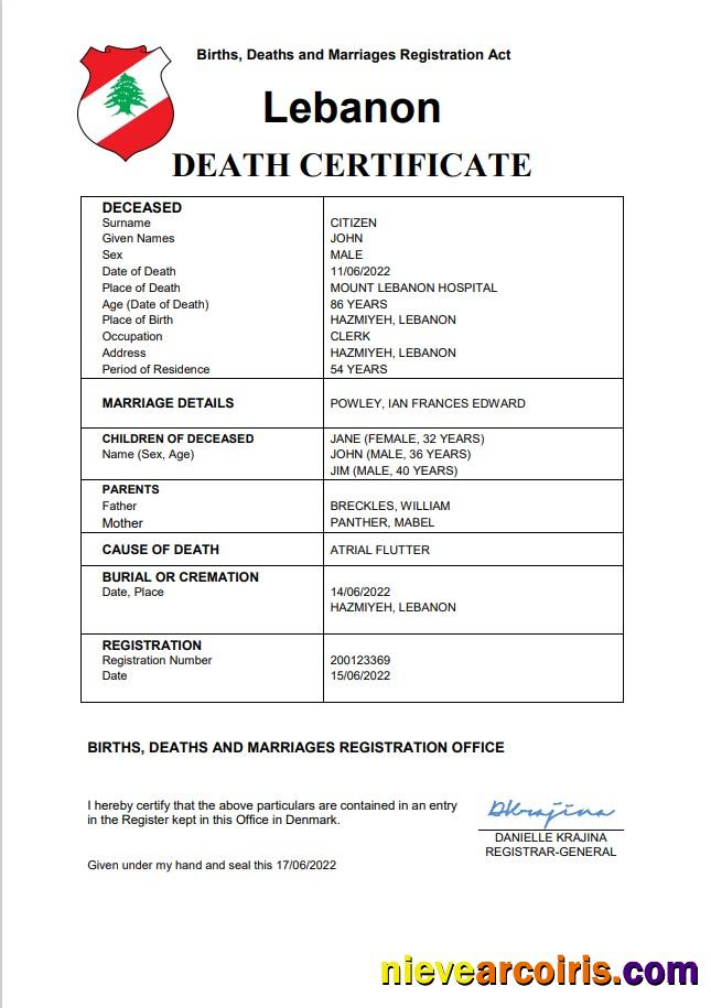Lebanon death certificate